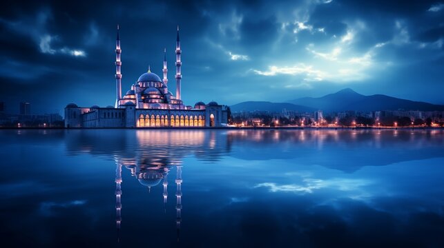 Blue hour at a majestic mosque, reflections shimmering across the water
