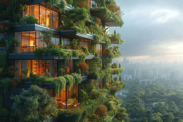 Green vertical garden style building amid urban area. - obrazy, fototapety, plakaty