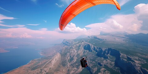 Hang gliding on paraglider in the air for extreme sports and adventure travel