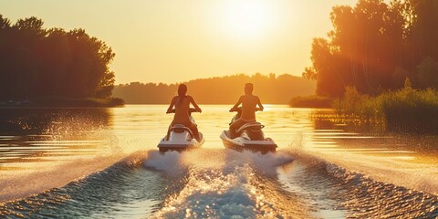 Couple using jet skis on the lake during summer vacation