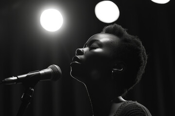 Soulful Female Singer Performing in a Monochrome Spotlight