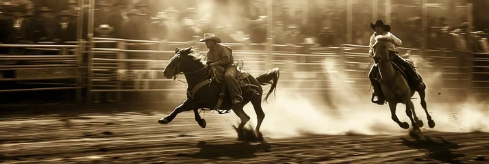 Foto op Plexiglas Rodeo concept with cowboy riding horse in dirt arena © Brian
