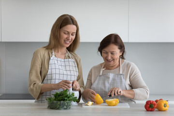 Positive senior mom and adult daughter child in aprons cooking at table in home kitchen, preparing salad for healthy family dinner, talking, chatting, laughing, enjoying culinary hobby