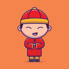 Cute boy greeting chinese new year cartoon vector illustration chinese lunar new year concept icon isolated