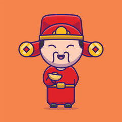 Cute chinese fortune god holding gold cartoon vector illustration chinese lunar new year concept icon isolated