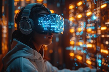Girl in VR headset, glowing code