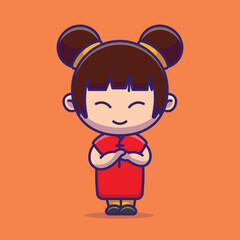 Cute chinese girl greeting happy chinese new year cartoon vector illustration chinese lunar new year concept icon isolated
