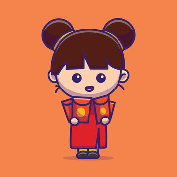 Cute girl with money envelope angpao cartoon vector illustration chinese lunar new year concept icon isolated