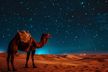A nighttime desert scene featuring a camel under the stars, encapsulating the essence of Ramadan.