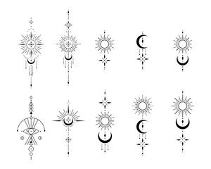 Vector set of Sacred geometric symbols on white background. Abstract mystic signs collection. Black linear shapes. For you design tattoo, print, posters, t-shirts, textiles. - obrazy, fototapety, plakaty