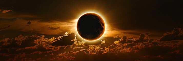 Solar eclipse panoramic view of the sky while the moon blocks the sun