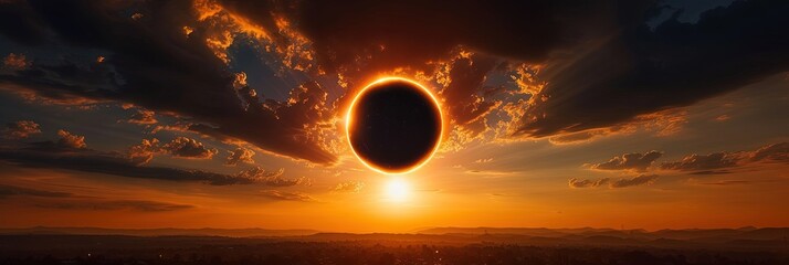 Solar eclipse panoramic view of the sky while the moon blocks the sun - obrazy, fototapety, plakaty