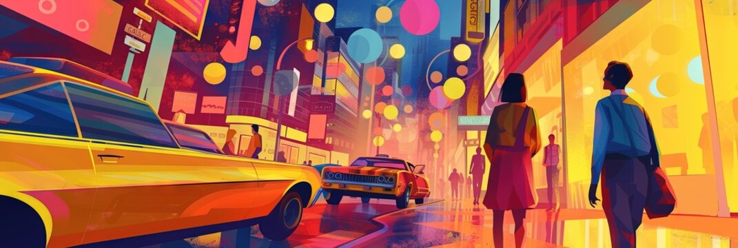 Colorful Painting Of Cars Driving By People In The City