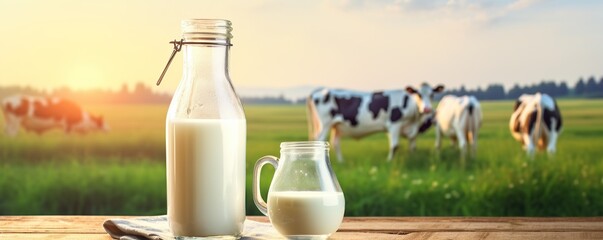 Fresh bottle of milk and glass on the wood table, with farm cow on the background - obrazy, fototapety, plakaty