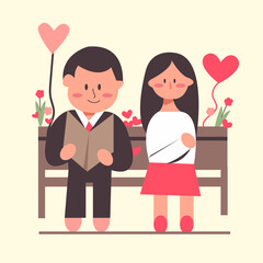 couple with heart sit in the garden flat vector