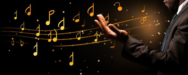 Conductor hand on black background with music notes