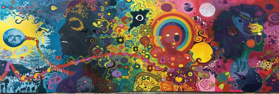 psychedelic retro style image of the 1970s hippie scene 