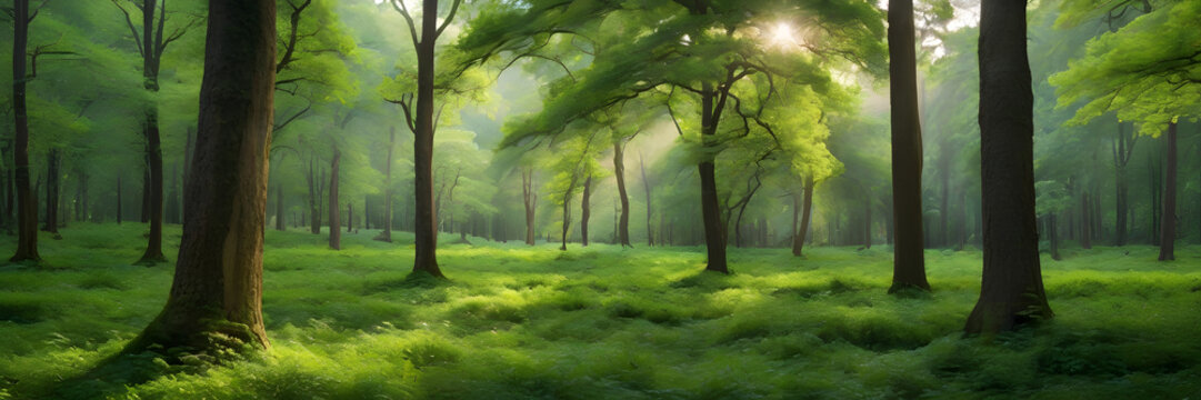 Dense trees, a vibrant green forest, creating a sense of tranquility and vitality. 3:1 landscape banner and background style. Space for text. Suitable for website headers or background images.