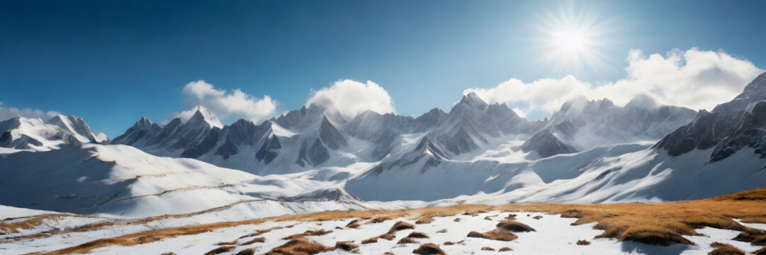 Snow-capped peaks illuminated by sunlight, presenting a magnificent natural landscape. 3:1 landscape banner and background style. Space for text. Suitable for website headers or background images.