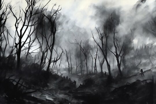Black and white picture of dry trees in the forest,  Digital painting