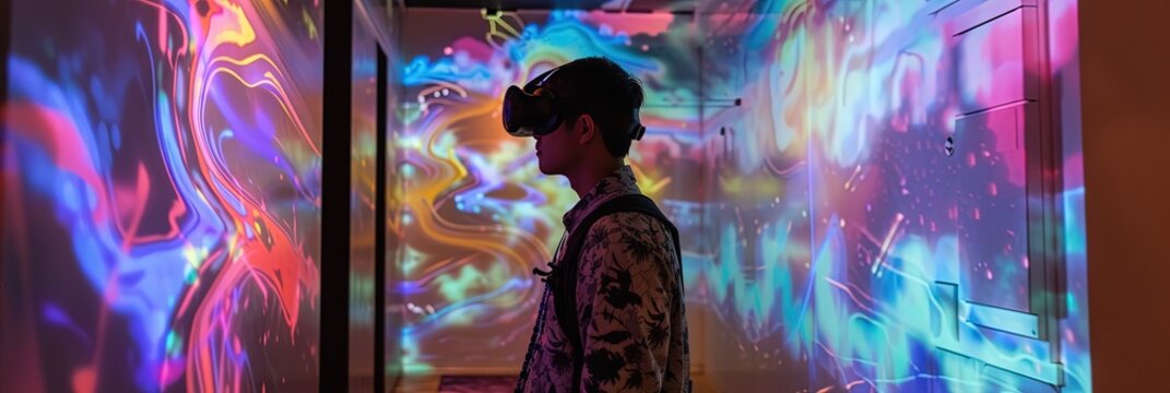 Man wearing virtual reality headset at tech conference