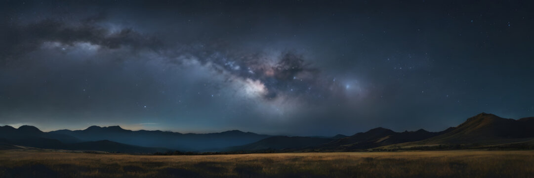 The night sky filled with stars, evoking a sense of mystery. 3:1 landscape banner and background style. Space for text. Suitable for website headers or background images.