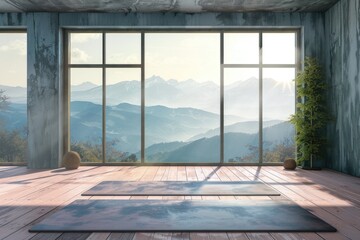 a room with a large window overlooking the mountains