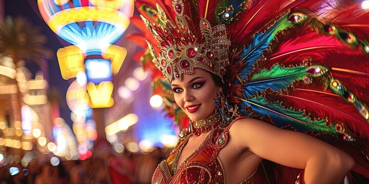 Las Vegas showgirl with full feathered outfit for garish performance