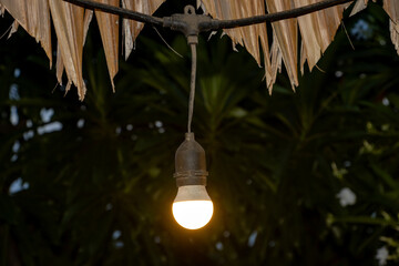 A glowing light bulb hangs on a cable under a natural material roof, Thailand