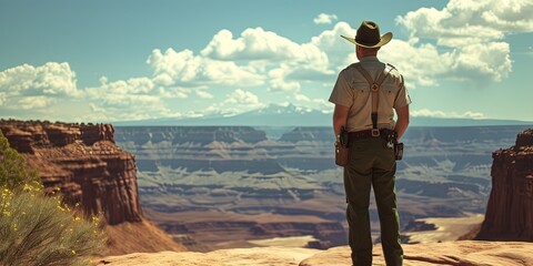 Park ranger with a hat standing in front of a national park setting outdoors