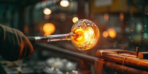 Molten glass in a ball on stick handled by glass blower artisan - obrazy, fototapety, plakaty