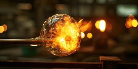 Molten glass in a ball on stick handled by glass blower artisan