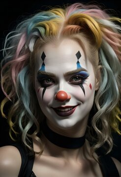 Portrait of a female clown with multicolored hair on black background