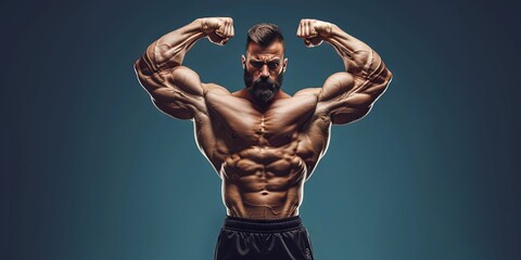 Male bodybuilder with muscular frame posing and flexing
