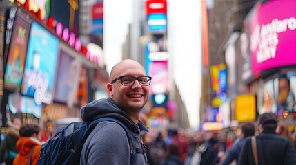 Tourist smiling in Times Square NYC