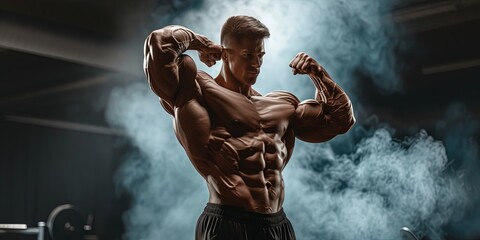 Male bodybuilder with muscular frame posing and flexing - Powered by Adobe