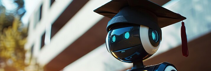 Robot wearing graduation cap for academic and school concept using artificial intelligence