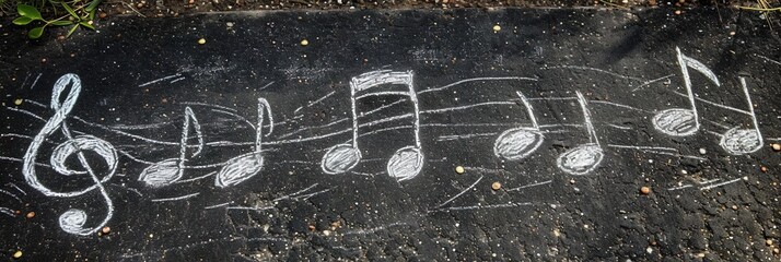 Colorful music notes drawn with chalk on sidewalk - obrazy, fototapety, plakaty