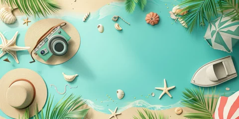 Cercles muraux Corail vert Top view traveler accessories on blue background, camera, straw hat, sunglasses, palm leaf, starfish, Minimal fashion summer holiday concept. Flat lay