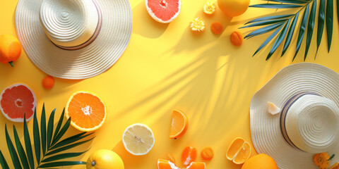 Obraz premium Top view orange fruits palms hat and straw hat on yellow background, Minimal fashion summer holiday concept. Flat lay