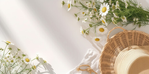 Top view flowers daisies and straw hat on white background, Minimal fashion summer holiday concept. Flat lay