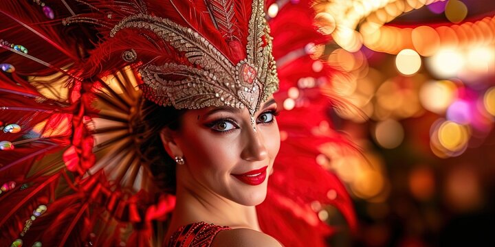 Las Vegas showgirl with full feathered outfit for garish performance