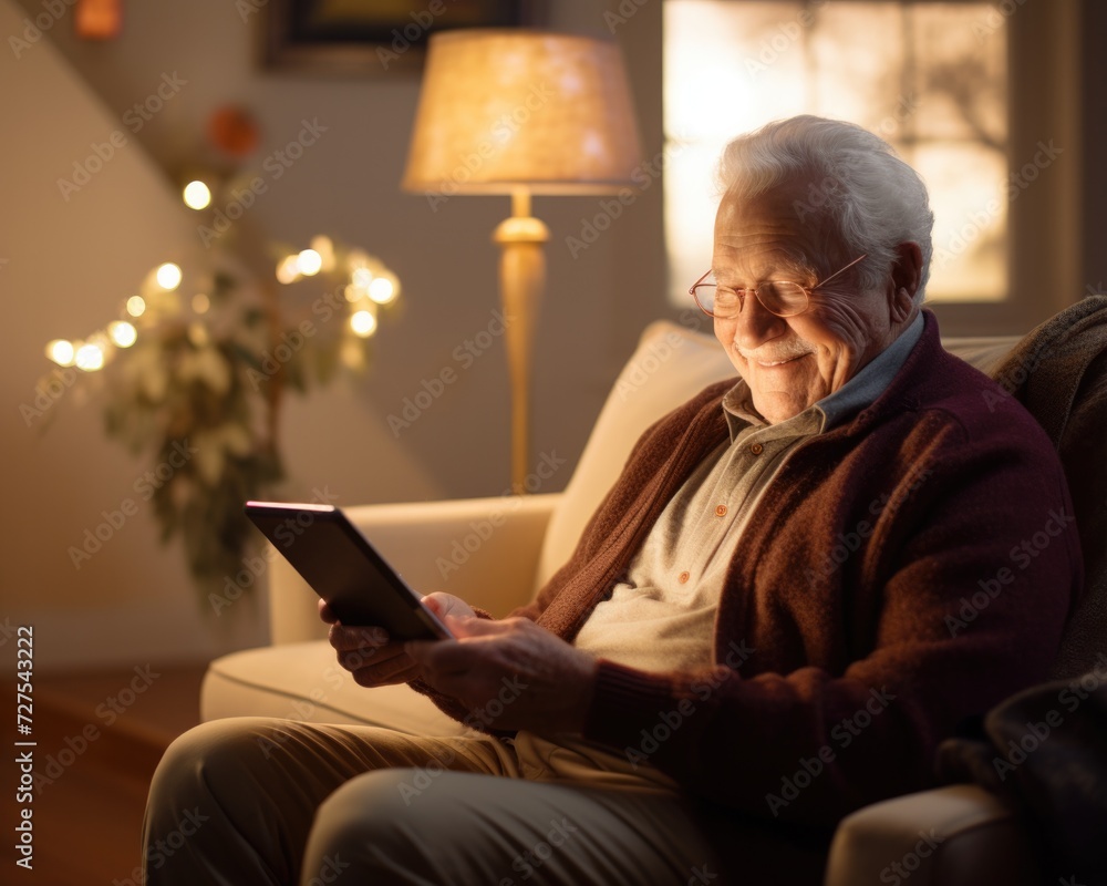 Poster an older man sitting on a couch using a tablet. generative ai.