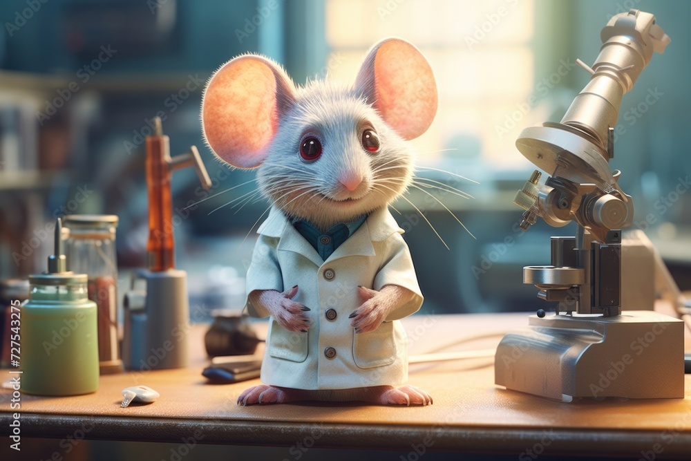Poster a mouse in a lab coat stands in front of a microscope. generative ai.