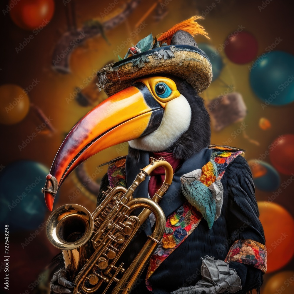 Poster a toucan with a hat and a saxophone. generative ai.