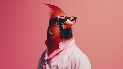 Cute Red Bird Wearing Glasses and Pink Coat