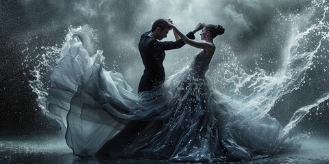 Ballroom dancers with smoke and light, dancing  on stage - obrazy, fototapety, plakaty