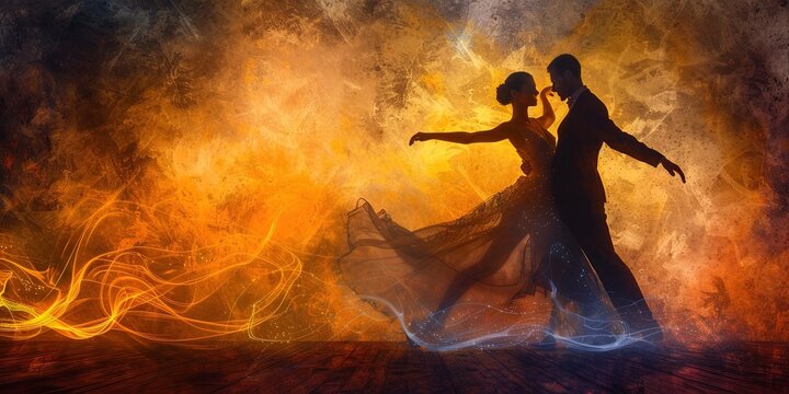 Ballroom dancers with smoke and light, dancing  on stage