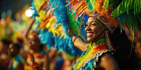 Fototapeta premium Carnival Brazil holiday celebration. Reveler with colorful paint and feathers. 
