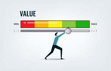 Growth value, increase value, value added or business growth concept. Businessman pushing progress bar up to maximum position with the word VALUE